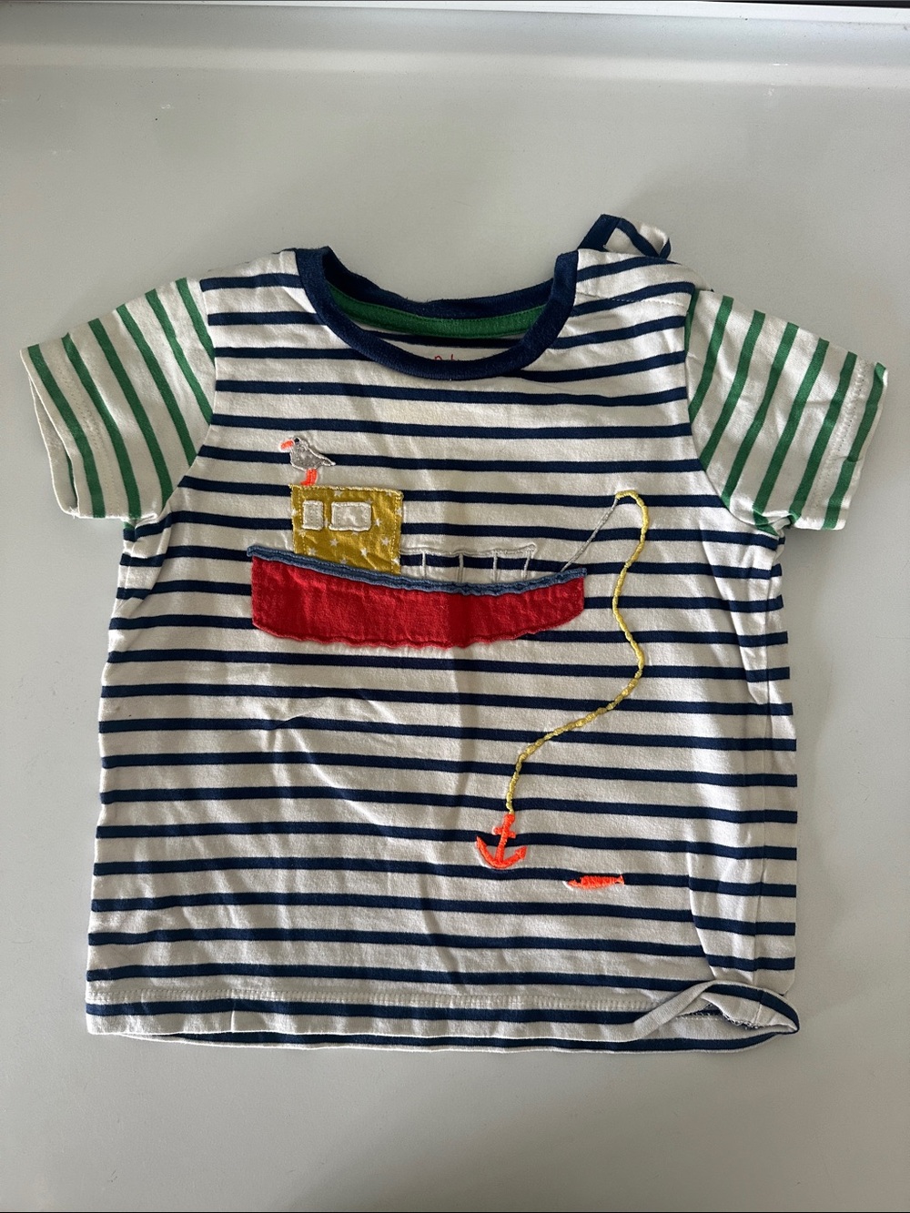 Mini Boden Navy & White Striped Tee with Red Boat Appliqué